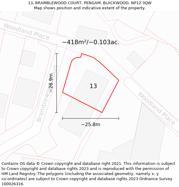 13, BRAMBLEWOOD COURT, PENGAM, BLACKWOOD, NP12 3QW: Plot and title map