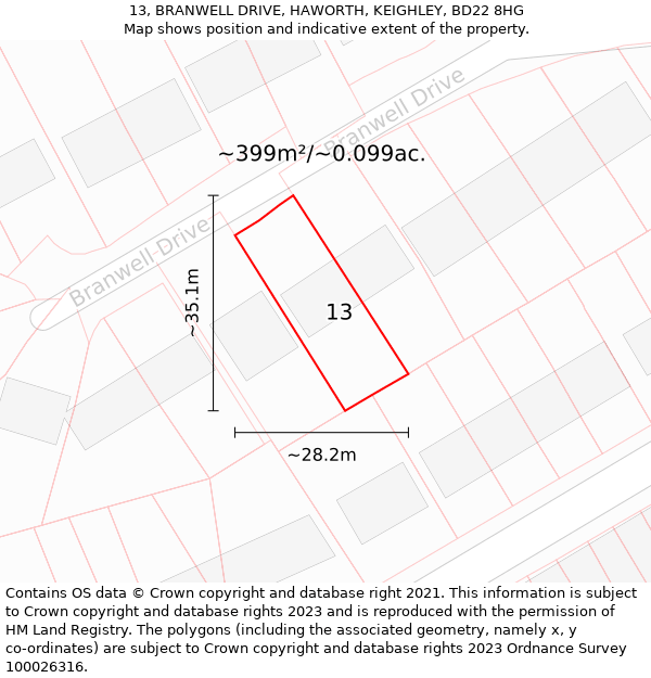 13, BRANWELL DRIVE, HAWORTH, KEIGHLEY, BD22 8HG: Plot and title map