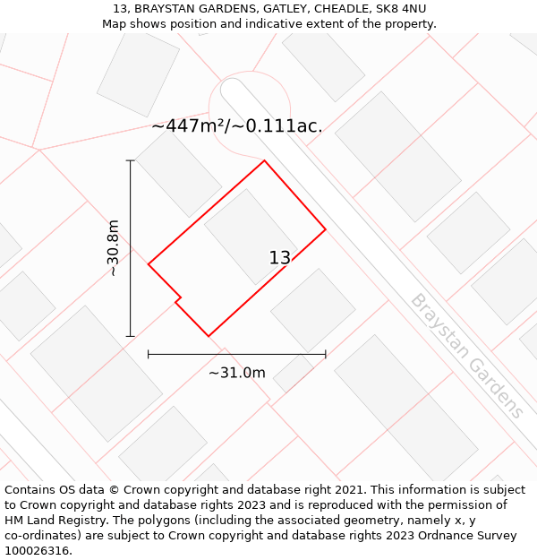 13, BRAYSTAN GARDENS, GATLEY, CHEADLE, SK8 4NU: Plot and title map