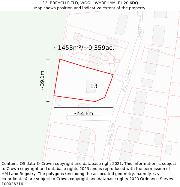 13, BREACH FIELD, WOOL, WAREHAM, BH20 6DQ: Plot and title map