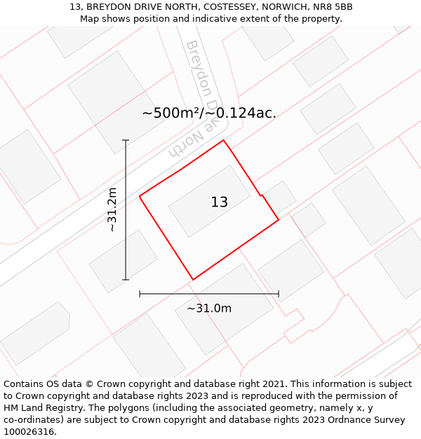 13, BREYDON DRIVE NORTH, COSTESSEY, NORWICH, NR8 5BB: Plot and title map