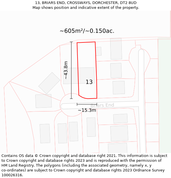 13, BRIARS END, CROSSWAYS, DORCHESTER, DT2 8UD: Plot and title map