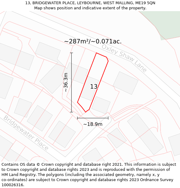 13, BRIDGEWATER PLACE, LEYBOURNE, WEST MALLING, ME19 5QN: Plot and title map