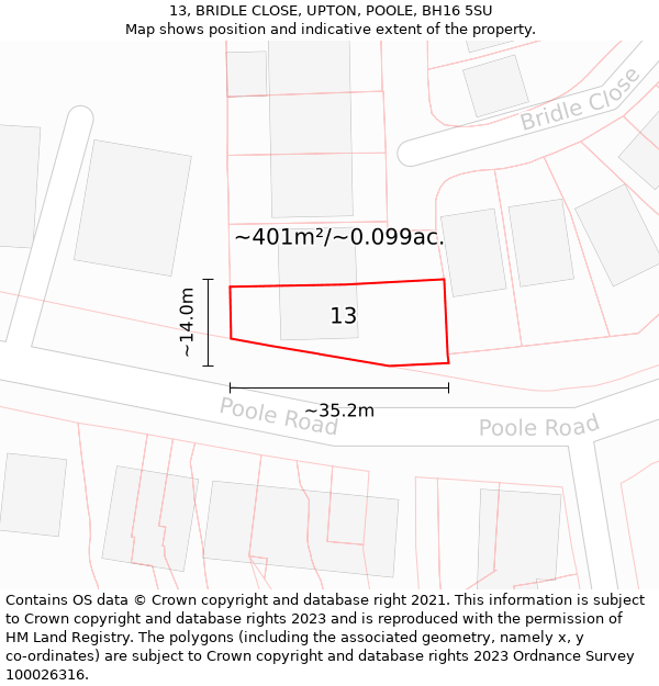 13, BRIDLE CLOSE, UPTON, POOLE, BH16 5SU: Plot and title map