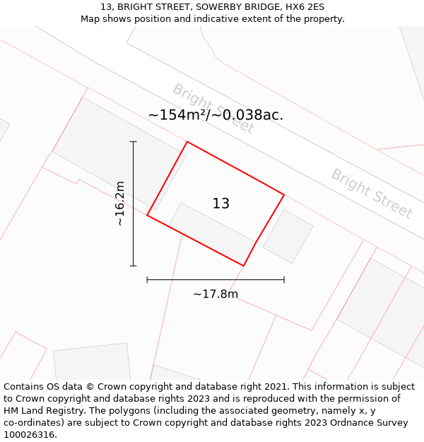 13, BRIGHT STREET, SOWERBY BRIDGE, HX6 2ES: Plot and title map