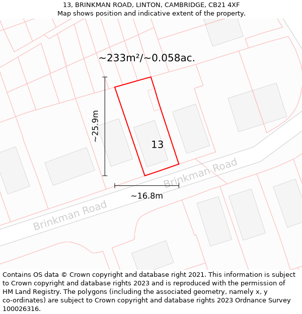 13, BRINKMAN ROAD, LINTON, CAMBRIDGE, CB21 4XF: Plot and title map