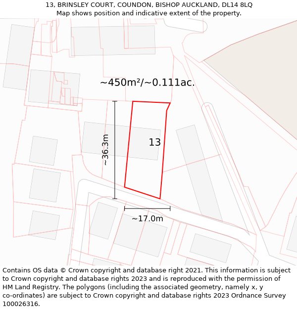 13, BRINSLEY COURT, COUNDON, BISHOP AUCKLAND, DL14 8LQ: Plot and title map