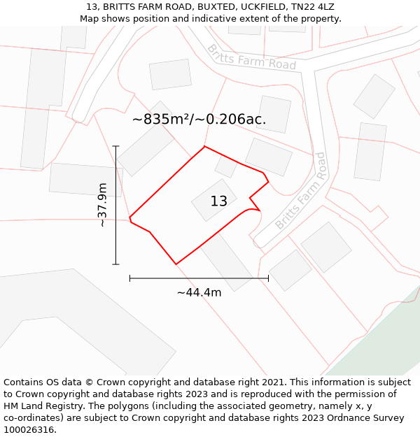 13, BRITTS FARM ROAD, BUXTED, UCKFIELD, TN22 4LZ: Plot and title map