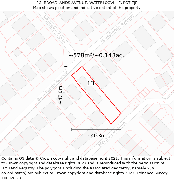 13, BROADLANDS AVENUE, WATERLOOVILLE, PO7 7JE: Plot and title map