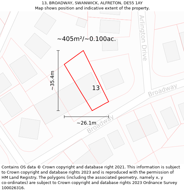 13, BROADWAY, SWANWICK, ALFRETON, DE55 1AY: Plot and title map