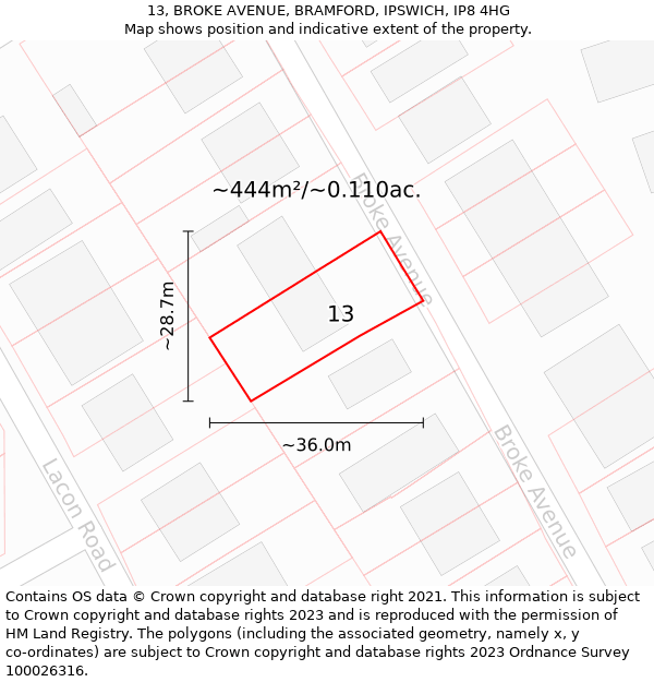 13, BROKE AVENUE, BRAMFORD, IPSWICH, IP8 4HG: Plot and title map