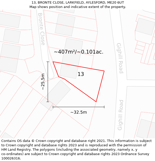 13, BRONTE CLOSE, LARKFIELD, AYLESFORD, ME20 6UT: Plot and title map