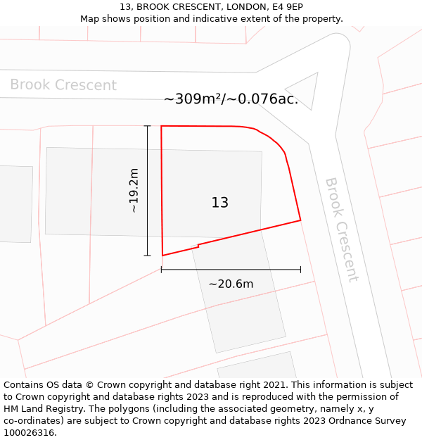 13, BROOK CRESCENT, LONDON, E4 9EP: Plot and title map