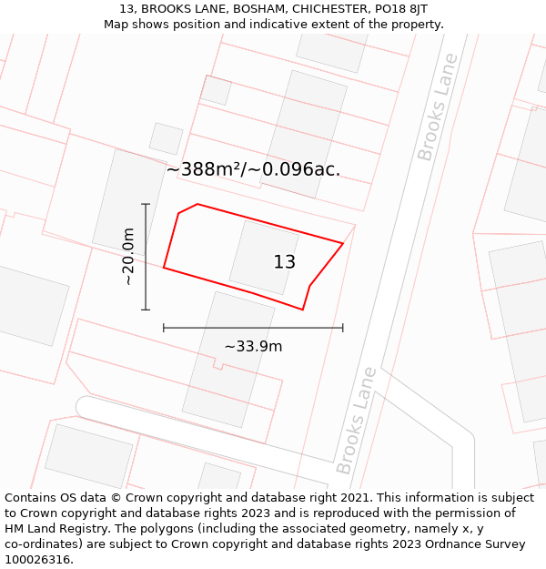 13, BROOKS LANE, BOSHAM, CHICHESTER, PO18 8JT: Plot and title map