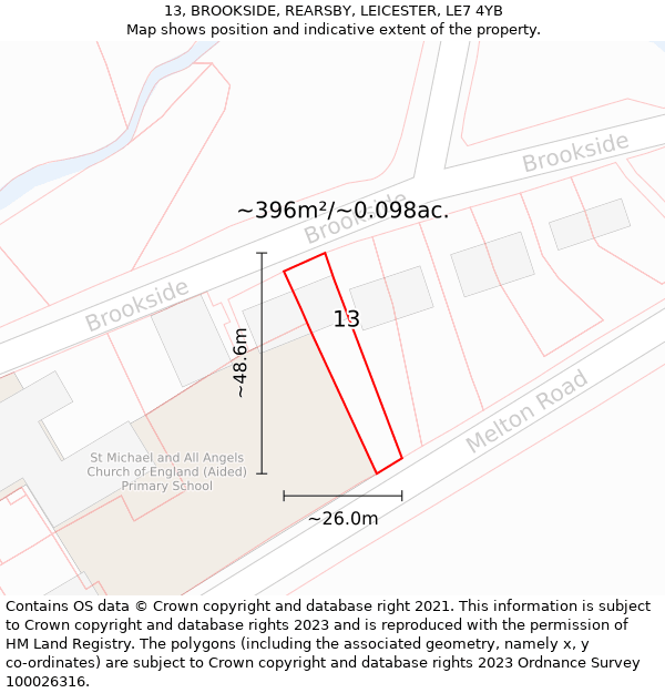 13, BROOKSIDE, REARSBY, LEICESTER, LE7 4YB: Plot and title map