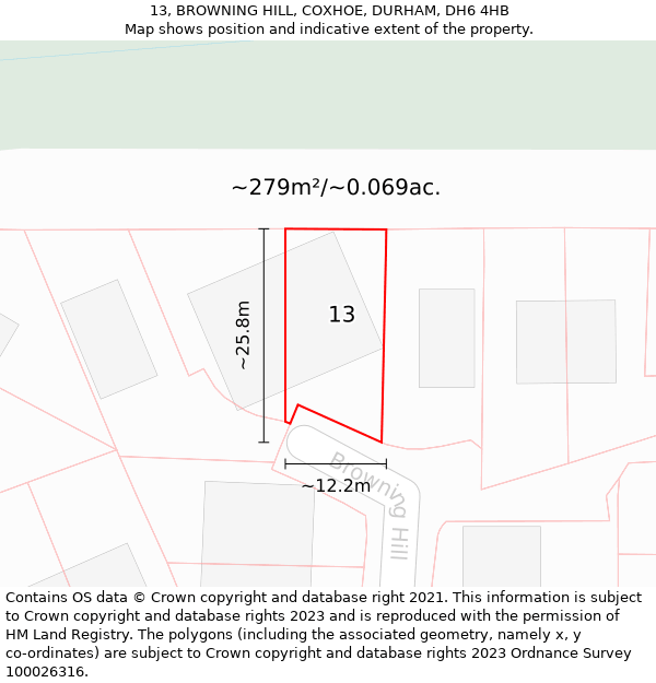 13, BROWNING HILL, COXHOE, DURHAM, DH6 4HB: Plot and title map