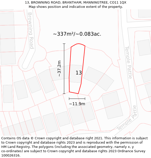 13, BROWNING ROAD, BRANTHAM, MANNINGTREE, CO11 1QX: Plot and title map