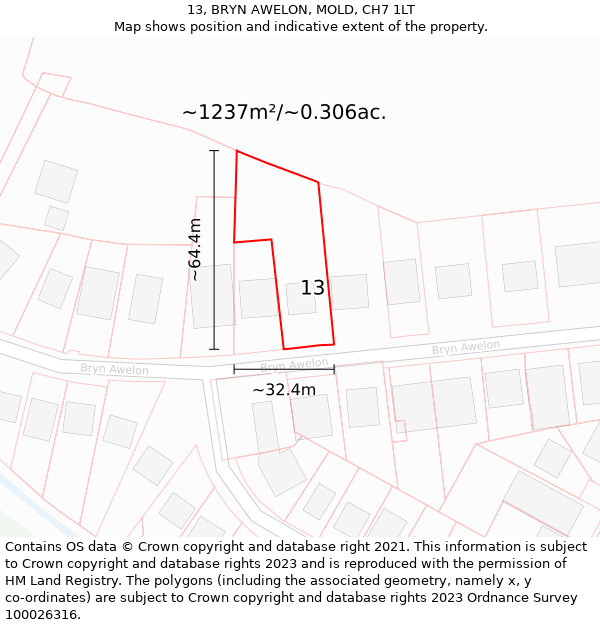 13, BRYN AWELON, MOLD, CH7 1LT: Plot and title map