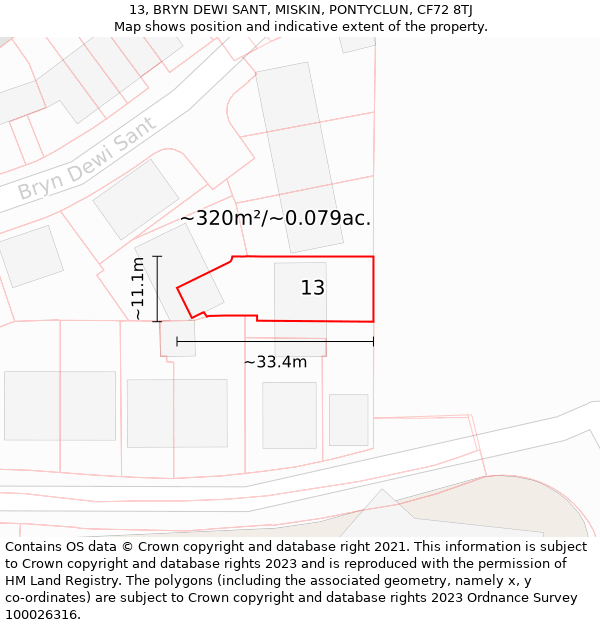 13, BRYN DEWI SANT, MISKIN, PONTYCLUN, CF72 8TJ: Plot and title map