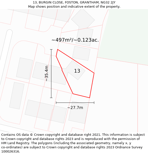 13, BURGIN CLOSE, FOSTON, GRANTHAM, NG32 2JY: Plot and title map