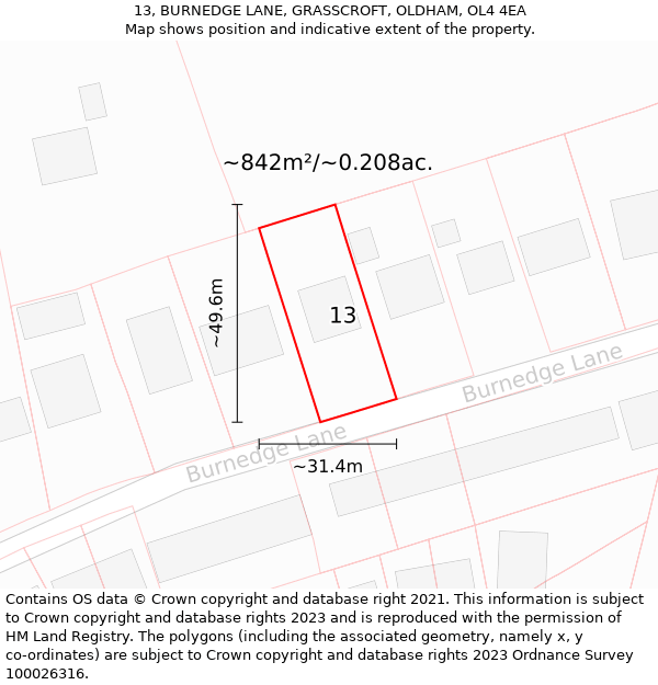 13, BURNEDGE LANE, GRASSCROFT, OLDHAM, OL4 4EA: Plot and title map