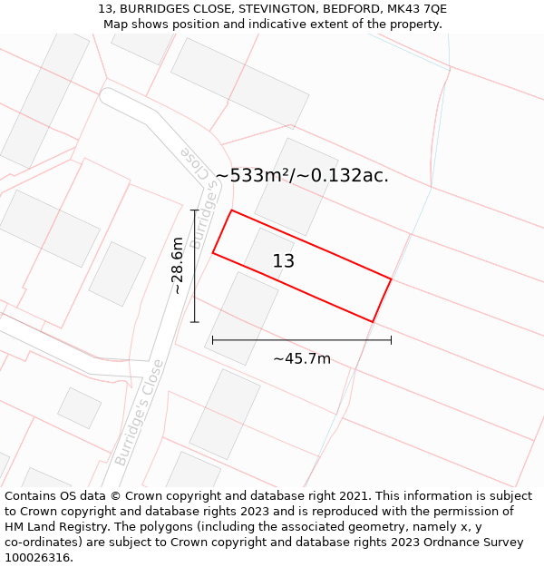 13, BURRIDGES CLOSE, STEVINGTON, BEDFORD, MK43 7QE: Plot and title map