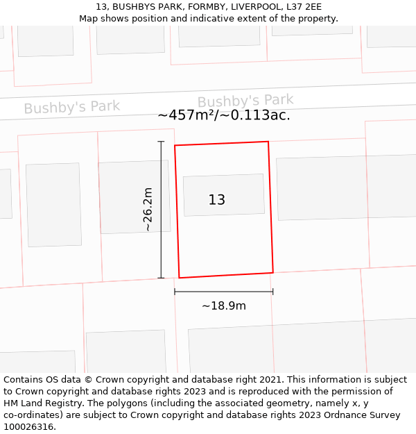 13, BUSHBYS PARK, FORMBY, LIVERPOOL, L37 2EE: Plot and title map