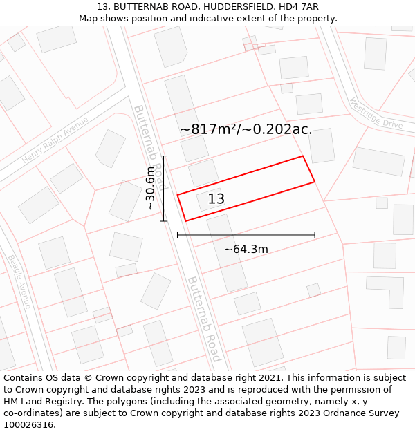 13, BUTTERNAB ROAD, HUDDERSFIELD, HD4 7AR: Plot and title map