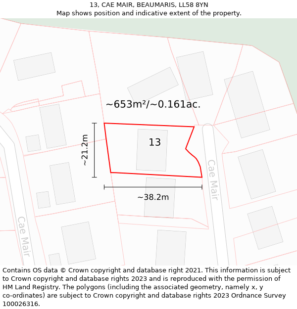 13, CAE MAIR, BEAUMARIS, LL58 8YN: Plot and title map