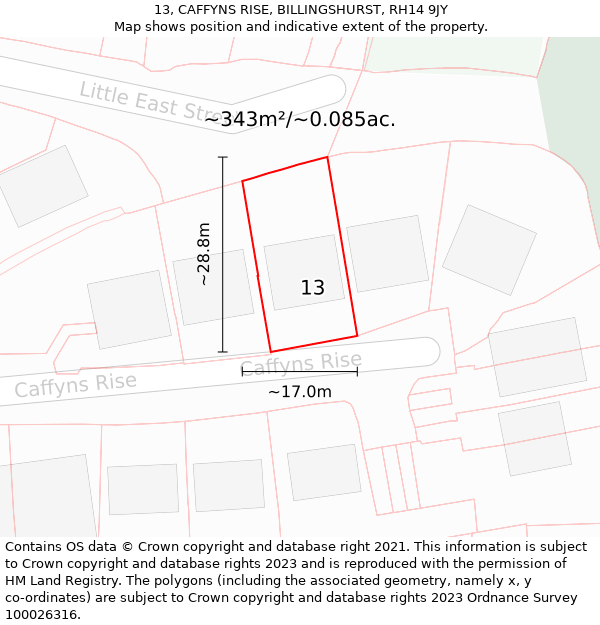 13, CAFFYNS RISE, BILLINGSHURST, RH14 9JY: Plot and title map