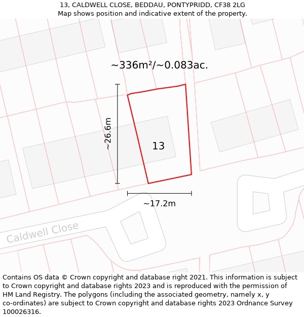 13, CALDWELL CLOSE, BEDDAU, PONTYPRIDD, CF38 2LG: Plot and title map