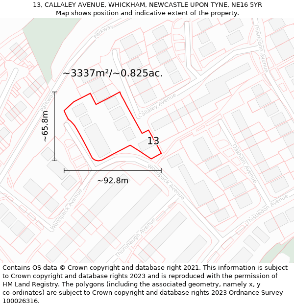 13, CALLALEY AVENUE, WHICKHAM, NEWCASTLE UPON TYNE, NE16 5YR: Plot and title map