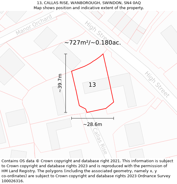 13, CALLAS RISE, WANBOROUGH, SWINDON, SN4 0AQ: Plot and title map