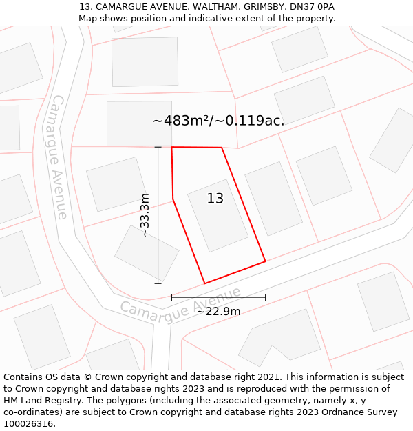 13, CAMARGUE AVENUE, WALTHAM, GRIMSBY, DN37 0PA: Plot and title map