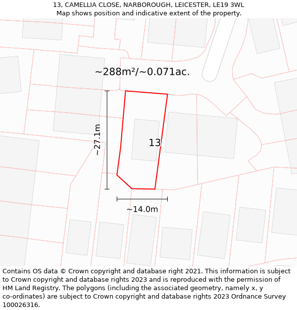 13, CAMELLIA CLOSE, NARBOROUGH, LEICESTER, LE19 3WL: Plot and title map