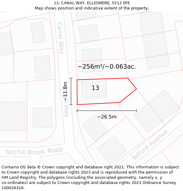 13, CANAL WAY, ELLESMERE, SY12 0FE: Plot and title map