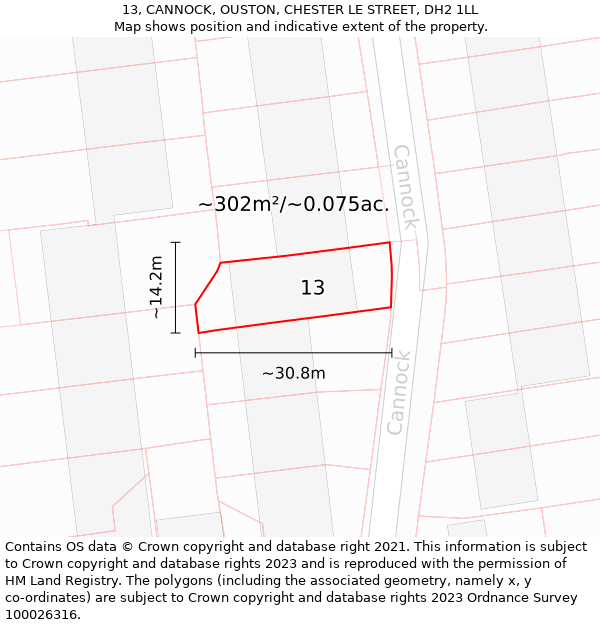 13, CANNOCK, OUSTON, CHESTER LE STREET, DH2 1LL: Plot and title map