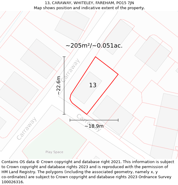 13, CARAWAY, WHITELEY, FAREHAM, PO15 7JN: Plot and title map