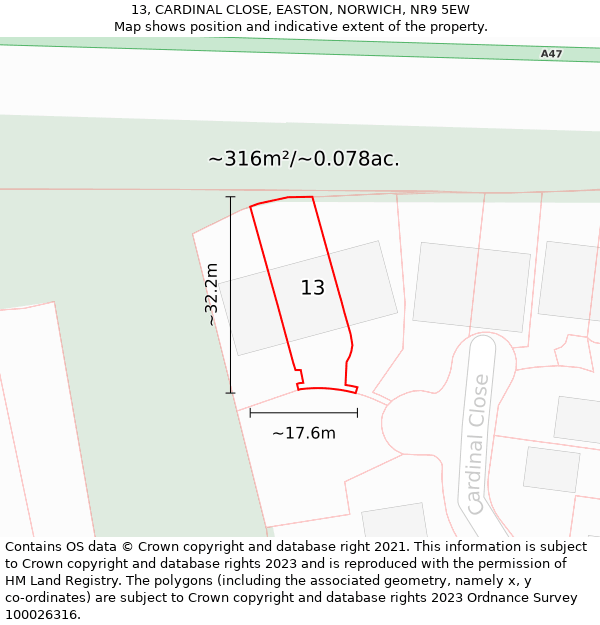 13, CARDINAL CLOSE, EASTON, NORWICH, NR9 5EW: Plot and title map