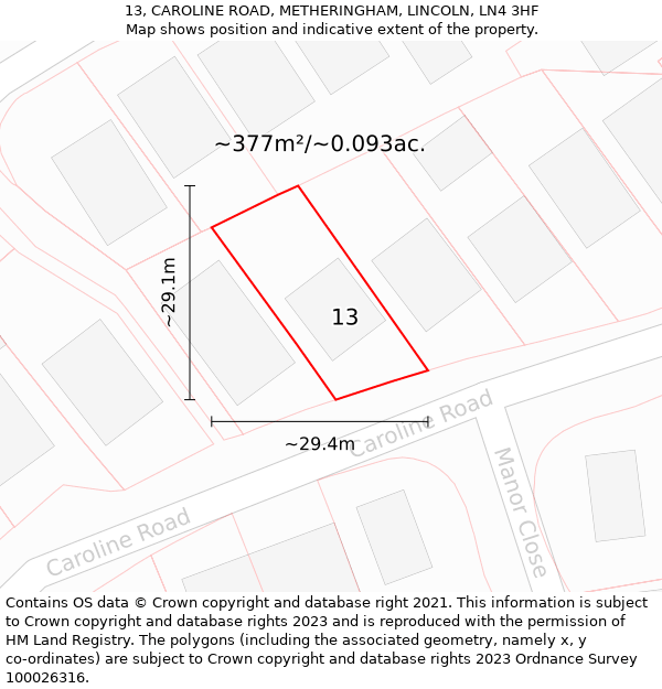 13, CAROLINE ROAD, METHERINGHAM, LINCOLN, LN4 3HF: Plot and title map