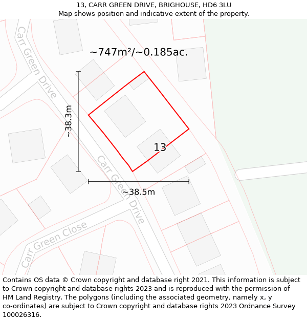 13, CARR GREEN DRIVE, BRIGHOUSE, HD6 3LU: Plot and title map