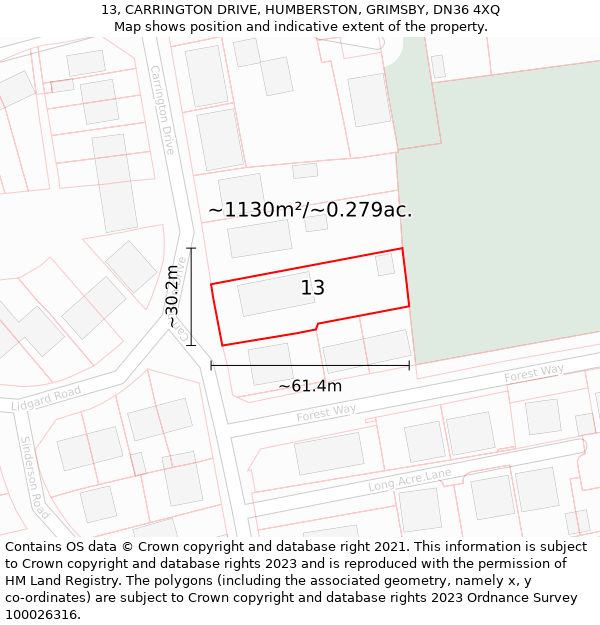 13, CARRINGTON DRIVE, HUMBERSTON, GRIMSBY, DN36 4XQ: Plot and title map