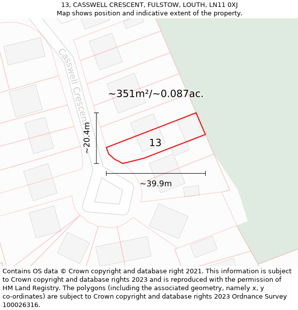 13, CASSWELL CRESCENT, FULSTOW, LOUTH, LN11 0XJ: Plot and title map