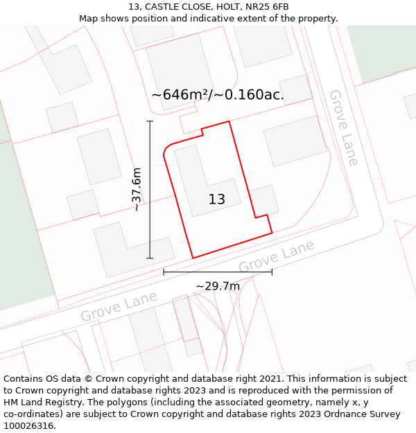 13, CASTLE CLOSE, HOLT, NR25 6FB: Plot and title map