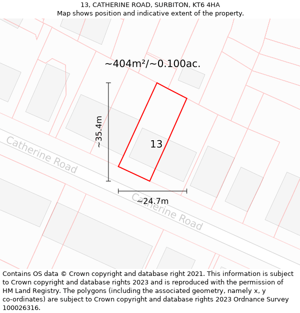 13, CATHERINE ROAD, SURBITON, KT6 4HA: Plot and title map