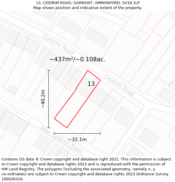 13, CEIDRIM ROAD, GARNANT, AMMANFORD, SA18 1LP: Plot and title map