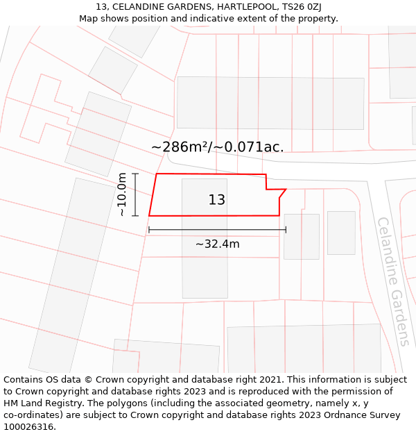 13, CELANDINE GARDENS, HARTLEPOOL, TS26 0ZJ: Plot and title map