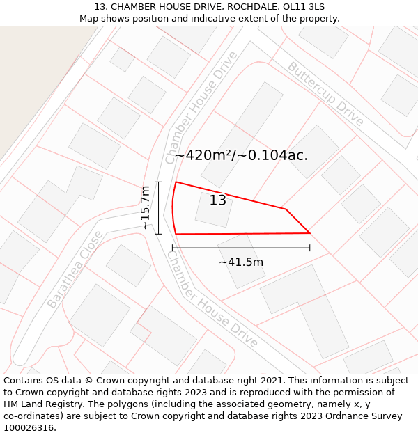 13, CHAMBER HOUSE DRIVE, ROCHDALE, OL11 3LS: Plot and title map