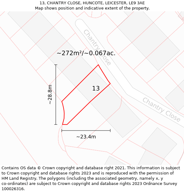 13, CHANTRY CLOSE, HUNCOTE, LEICESTER, LE9 3AE: Plot and title map