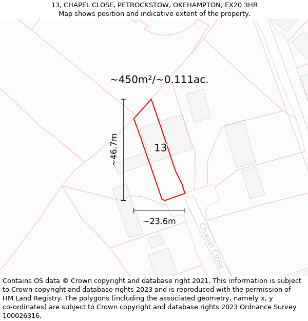 13, CHAPEL CLOSE, PETROCKSTOW, OKEHAMPTON, EX20 3HR: Plot and title map